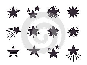 Hand drawn stars. Doodle black star icons, drawing stars silhouettes flat vector illustration set