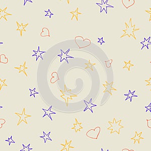 Hand drawn stars and hearts doodle Seamless pattern. Vector  illustration design