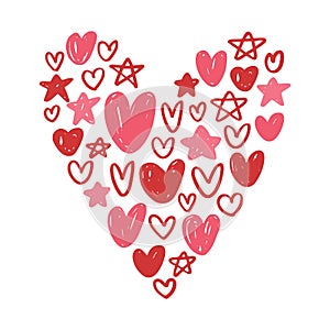 Hand drawn stars and hearts. Valentine`s day card