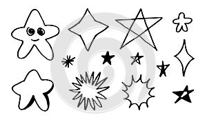 Hand drawn stars set. Star doodles collection on white background