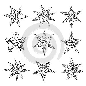 Hand-drawn stars. Set of vector design elements. Zentangle.