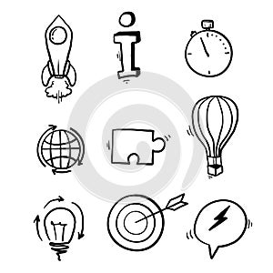 Hand drawn Startup line icons. Launch Project, Business report and Target. Strategy linear icon set. Quality line set. Vector