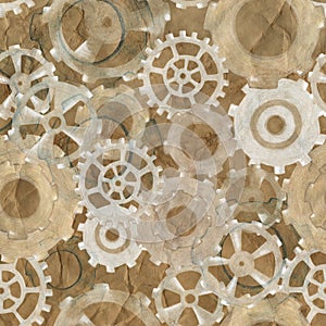 Hand-Drawn Steampunk Gear Transmission Element Digital Paper on Grunge Background.