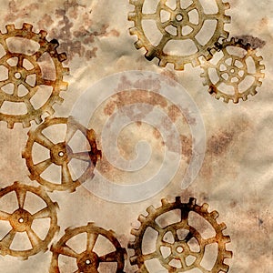 Hand-Drawn Steampunk Gear Transmission Element Digital Paper on Grunge Background.