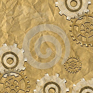 Hand-Drawn Steampunk Gear Transmission Element Digital Paper on Grunge Background.