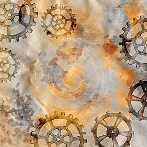 Hand-Drawn Steampunk Gear Transmission Element Digital Paper on Grunge Background.