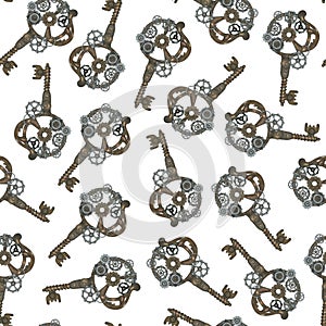 Hand-Drawn Steampunk Gear Transmission Element Digital Paper on Grunge Background.