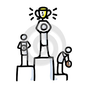 Hand Drawn Stick Figure Champion Podium. Concept Prize Winner Competition. Simple Icon Motif for Pictogram contest