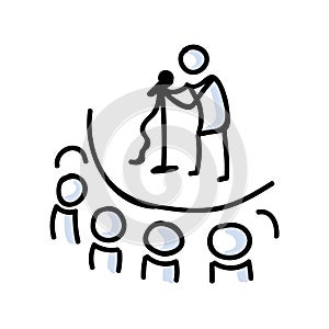 Hand Drawn Stick Figure Comedy Performer on Stage. Concept of Theatre Audience Actor. Simple Icon Motif for Audience Pictogram.