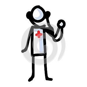 Hand Drawn Stick Figure Doctor with Stethoscope. Concept Health Care Medical Hospital. Simple Icon Motif for Hurt Treatement,