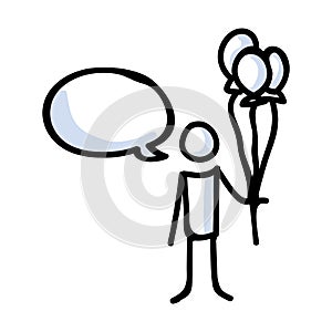 Hand Drawn Stick Figure Holding Balloon Bouquet. Concept of Floating Party Decoration. Simple Icon Motif for Speech