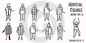 Hand Drawn Stick Figure Nurses, Doctor, Surgeon, Technician, Physio Patients. Concept Health Care Medical Hospital. Cartoon Motif