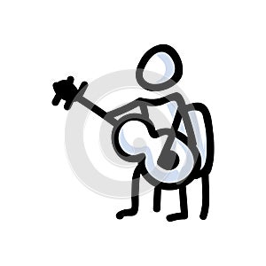 Hand Drawn Stick Figure Playing Guitar. Concept of Musical Instrument Performer. Simple Icon Motif for Entertainment