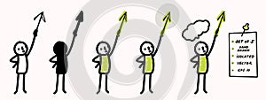 Hand drawn stick figure pointing arrow up. Concept of direction, success, motion. Simple vector stickman line art icon