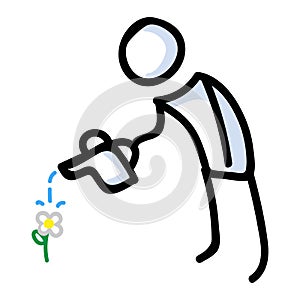 Hand drawn stick figure watering daisy. Concept of gardening growing flowers for yard work illustration. Simple icon
