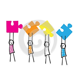 Hand drawn stick man Holding the big jigsaw puzzle piece symbol for Teamwork successful together concept. Marketing content.