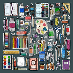 Hand drawn stickers of art tools