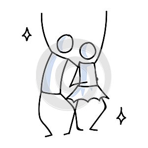 Hand drawn stickman 60s disco couple dancer concept. Simple outline ballerina figure doodle icon clipart. For dance