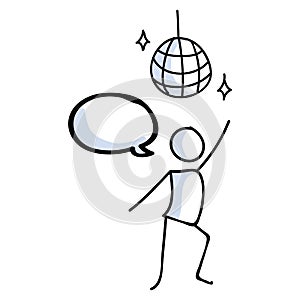 Hand drawn stickman 70s disco dancer with ball concept. Simple outline ballerina figure doodle icon clipart. For dance