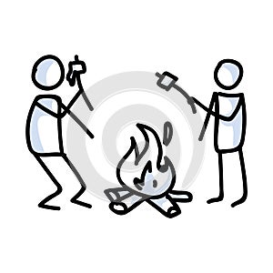 Hand drawn stickman roasting marshmallows concept. Simple outdoor vacation doodle icon for staycation, family travel