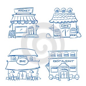 Hand drawn store, shop, restaurant, cafe, bar buildings. Vector doodle collection photo