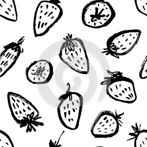 Hand drawn black brush strawberry seamless pattern