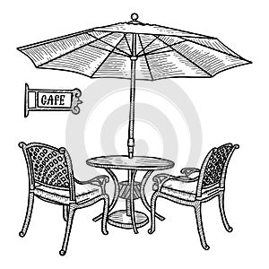 Hand drawn street cafe - table, two chairs and ambrella or parasol . Hand drawn sketch for Menu design, sketch restaurant city,