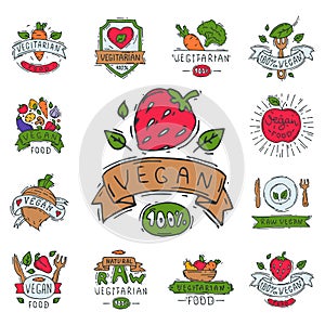 Hand drawn style of bio organic eco healthy food label vegan vegetable illustration vegetarian natural farm sign.