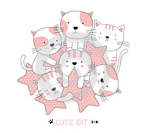 Hand drawn style. Cartoon sketch the cute baby cat animal with star