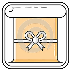 Hand drawn style gift icon, illustration of a present wrapped with a ribbon and bow