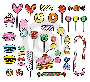 Hand drawn style sweets set. Assorted candies.