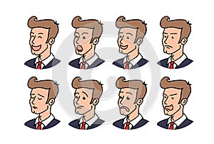 Hand drawn style vector doodle design illustrations line in cartoon style. Set of male facial emotions. Bearded man emoji characte