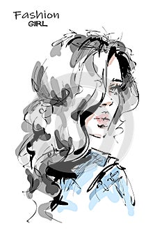 Hand drawn stylish beautiful young woman with long blonde hair. Beautiful girl. Fashion look. Sketch.