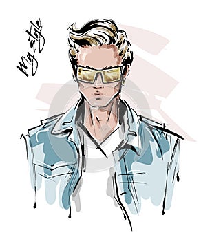 Hand drawn stylish man in sunglasses. Fashion handsome man. Sketch.