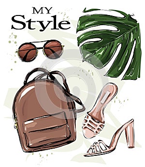 Hand drawn stylish set with backpack, shoes, sunglasses and palm leaf. Fashion set. Beautiful female outfit. Flat lay.