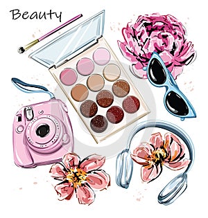 Hand drawn stylish set with eye shadows, brush, camera, headphones, sunglasses and flowers. Beautiful set. Sketch.