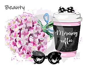 Hand drawn stylish set with flowers, coffee cup, sunglasses and bow. Sketch.