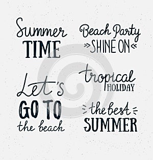 Hand drawn stylish summer typography lettering phrases on the grunge background.