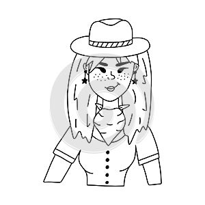 Hand drawn stylish young cowgirl wearing hat, bandana, t-shirt and star earrings. Cute doodle portrait of cow girl of