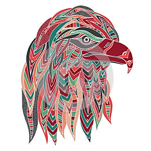 Hand drawn stylized colored eagle head. Abstract ethnic image with predatory bird, colorful patterns of feathers. Ornament logo,