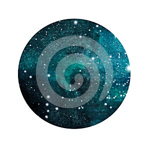 Stylized grunge galaxy or night sky with stars. Watercolor space background. Cosmos illustration in circle.