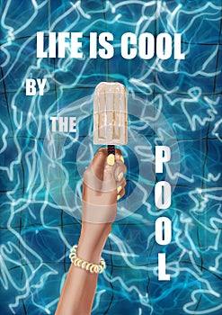 Hand-drawn stylized illustration of a  hand that holds ice cream on a stick, on the background of pool water