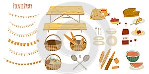 Hand drawn stylized vector illustration of picnic party essentials basket, picnic table, snacks, wine, beer, lemonade