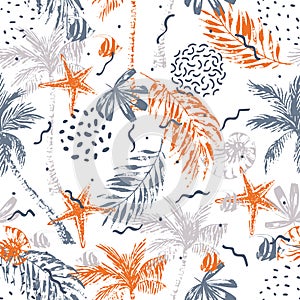 Hand drawn summer beach background: palm trees, palm leaves, nautilus seashell, fish, starfish, 80s 90s memphis doodles