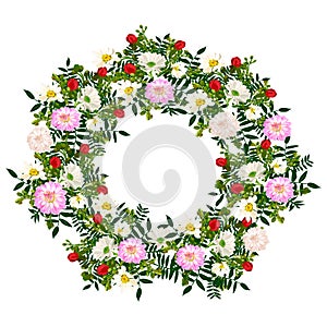 Hand drawn summer elegant and romantic flower wreath with pink dahlia, white chamomile