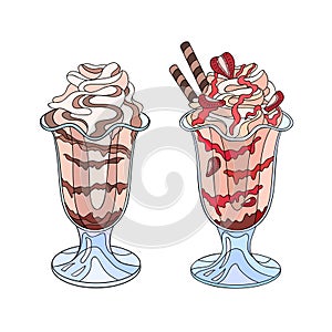 Hand drawn summer food in a glass on white isolated background. Ice cream with chocolate, with fruit topping and strawberry s.