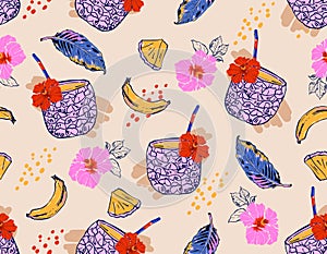 Hand drawn summer Pineapple cocktail with banana and Hibiscus flowers Seamless Pattern illustration Vector