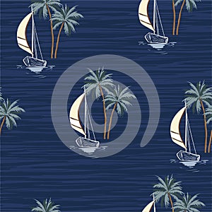 Hand drawn summer sail boat with palm trees isaland seamless pattern in vector EPS10 ,Design for fashion,fabric,web,wallpaper,