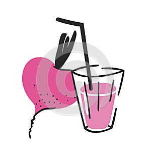 Hand drawn summer set of beetroot, juice and glass. Vector artistic illustration drinks and vegetable