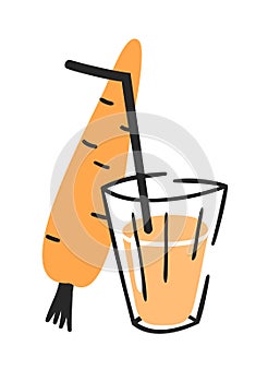 Hand drawn summer set of carrot, juice and glass. Vector artistic illustration drinks and vegetable